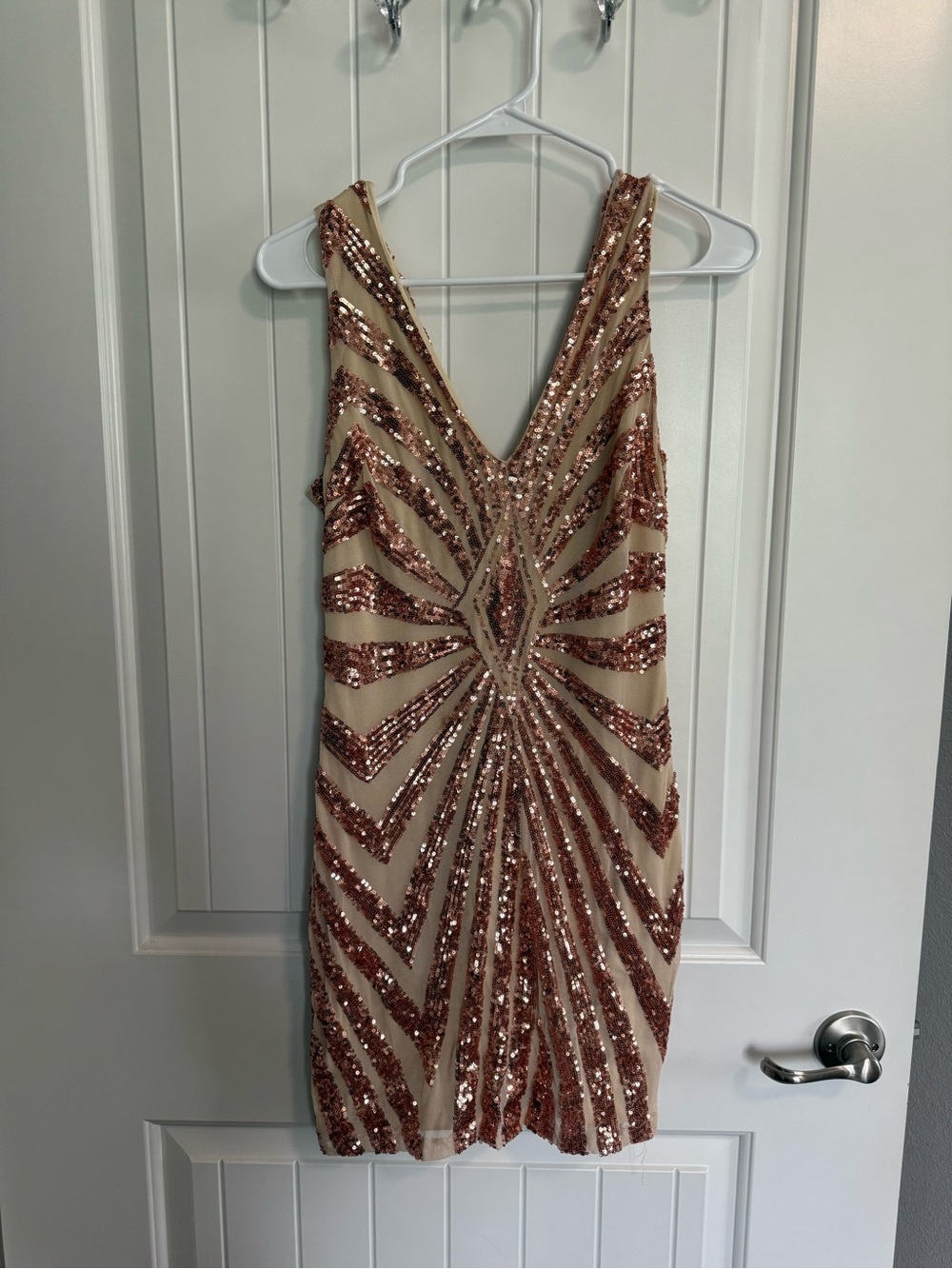 Fashion Nova Nude Dress with Rose Gold Sequins V-Neck